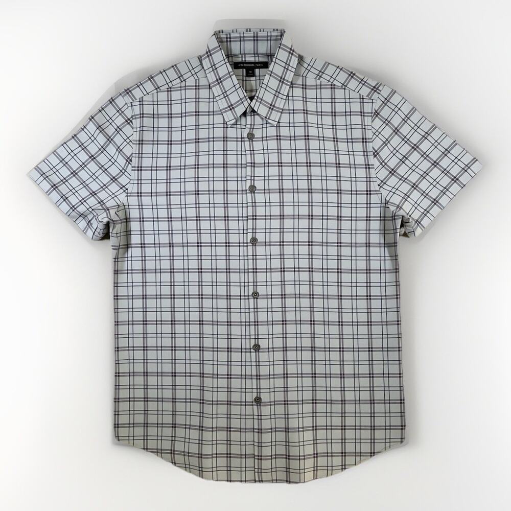 John Varvatos Men’s Short Sleeve Button Up Shirt Gray With Purple Plaid Size M